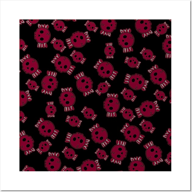 Cute Red Candy Skulls Pattern - Kawaii Goth Wall Art by Wanderer Bat